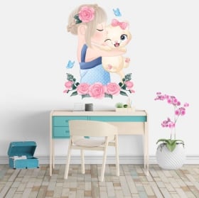 Autocollants en vinyle fille avec chat fleurs et papillons