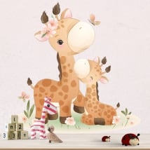 Stickers muraux pour bébés girafes avec des papillons et des fleurs