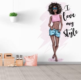 Vinyles d&eacute;coratifs silhouette de femme avec phrase j'aime mon style