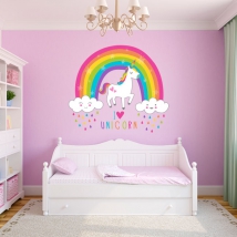 Stickers muraux licorne avec arc-en-ciel et nuages