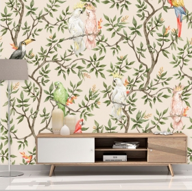 Papier peint ou papier peint oiseaux tropicaux dans un arbre effet aquarelle