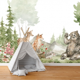 Papier peint ou papier peint forêt avec des animaux à l'aquarelle