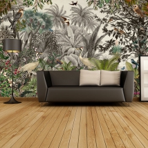 Papier peint ou murale paysage plantes animaux vintage