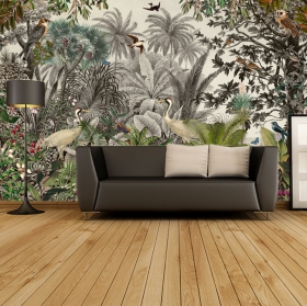 Papier peint ou murale paysage plantes animaux vintage
