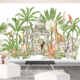 Papier peint ou murale paysage tropical lion girafe singe aquarelle