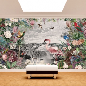 Papier peint ou papier peint fleurs vintage et oiseaux flamants roses