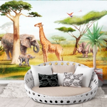Papier peint aquarelle paysage safari girafe