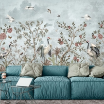 Papier peint dessin vintage plantes fleurs et oiseaux