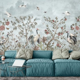 Papier peint ou papier peint dessin vintage plantes fleurs et oiseaux
