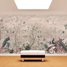 Papier peint ou murale dessin vintage paon et fleurs