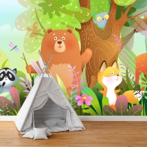 Papier peint ou peinture murale de dessin animé d'animaux de la forêt pour enfants
