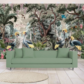 Papier peint ou papier peint dessin vintage fleurs et oiseaux de la forêt