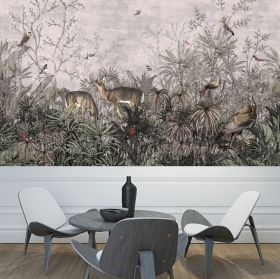 Papier peint ou murale vintage dessin forêt et hiboux animaux