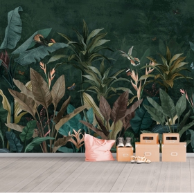 Papier peint ou murale paysage plantes papillons et oiseaux