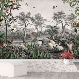 Papier peint paysage ou plantes murales aras et oiseaux tropicaux