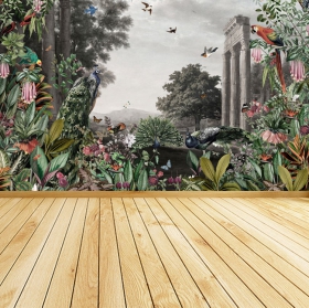 Papier peint ou papier peint ruines avec des plantes et des paons