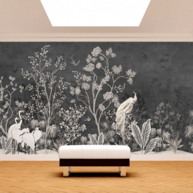 Papier peint ou papier peint dessin classique plantes et oiseaux gris