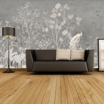 Papier peint dessin plantes oiseaux hérons argent