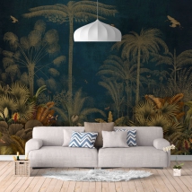 Papier peint dessin palmiers jungle papillons oiseaux