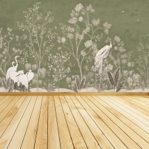 Papier peint vintage ou murale de plantes et d'oiseaux