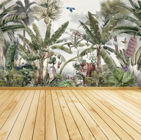 Papier peint ou peinture murale de colibri et d'oiseaux de tigre de jungle tropicale