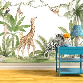 Papier peint ou murale paysage tropical girafe zèbre toucan singes