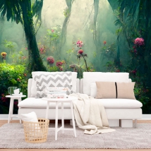 Papier peint forêt humide avec des fleurs