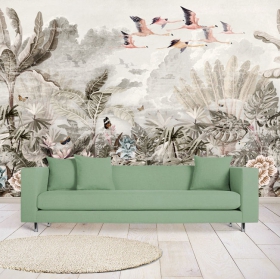 Papier peint ou murale paysage vintage plantes et flamants roses