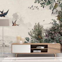 Papier peint ou murale paysage tropical fleurs et oiseaux