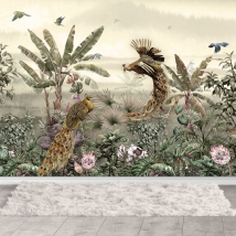 Papier peint ou murale de paysage de paon et de fleurs