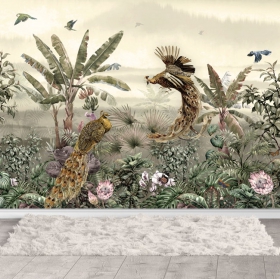 Papier peint ou murale de paysage de paon et de fleurs