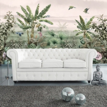 Papier peint ou murale paysage de jungle fleurs et perroquets
