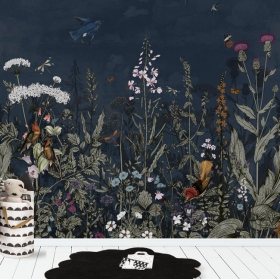 Papier peint ou murale dessin vintage fleurs et oiseaux