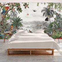 Papier peint ou murale paysage jungle lac et oiseaux tropicaux