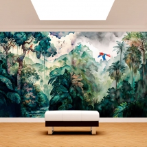 Jungle tropicale aquarelle avec papier peint ou peinture murale d'aras