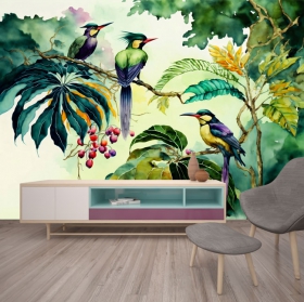 Papier peint ou murale arbres oiseaux fruits aquarelle tropicale