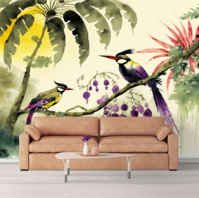 Papier peint ou murale aquarelle palmiers tropicaux oiseaux