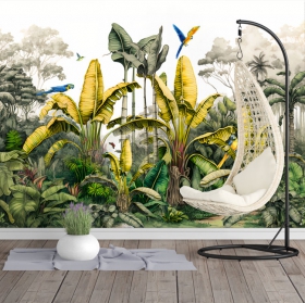 Papier peint ou peinture murale dessinant des aras de paysage tropical