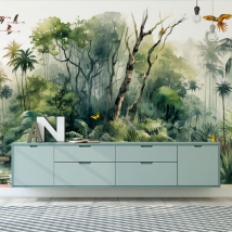 Jungle aquarelle et papier peint ou peinture murale d'oiseaux tropicaux