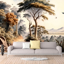 Papier peint dessin paysage forêt et montagnes