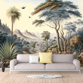 Papier peint ou papier peint dessin paysage oiseaux for&ecirc;t et montagnes