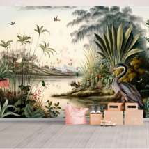 Photo murale ou papier peint dessin lac montagnes et oiseaux