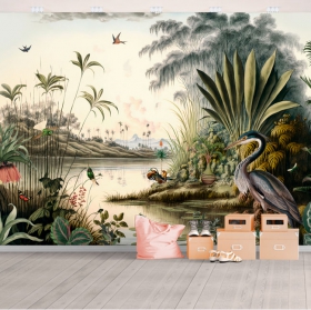 Photo murale ou papier peint dessin lac montagnes et oiseaux