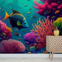 Papier peint ou peinture murale illustration poissons et coraux de mer