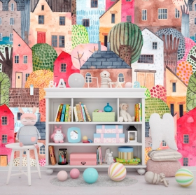 Fond d'écran ou peinture murale bâtiments d'illustration aquarelle pour enfants