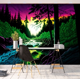 Papier peint illustration colorée de forêt de pins