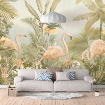 Papier peint ou illustration murale jungle tropicale et flamants roses vintage