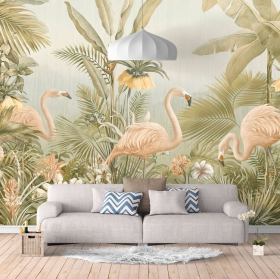 Papier peint ou illustration murale jungle tropicale et flamants roses vintage