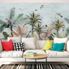 Papier peint ou murale paysage tropical fleurs oiseaux et papillons