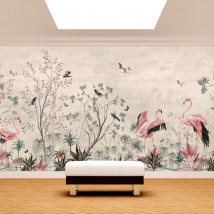 Papier peint illustration de flamants roses et de fleurs vintage
